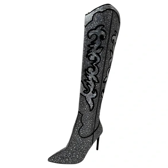 INC Iresa4 Rhinestone Crusted Western Style OTK Heeled Womens Boots Size 9M - Picture 2 of 15
